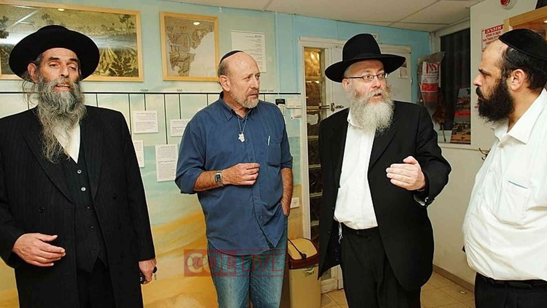 Dov Shurin, Shlomo Verstil, the Director of the Gush Katif Museum and Rabbi Meir Gutnick, founder and director of the Kol Menachem publishing house at the Gush Katif Museum in Jerusalem that tells the story of Jewish settlement in the Gaza strip, from the days of the Hasmoneans till the uprooting of Jews in 2005.